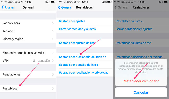 Restablecer diccionario iOS