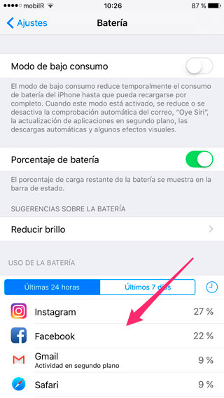 Consumo de batería por app en iPhone y iPad
