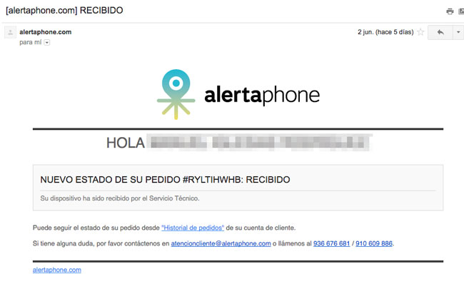 Mail de recepci&oacute;n de Alertaphone