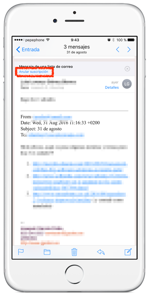 anular suscripci&oacute;n Mail iOS 10