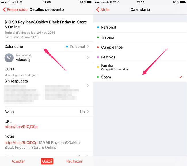 Cambiar invitaci&oacute;n de un calendario a otro